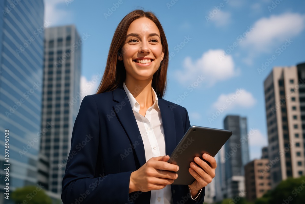 City Businesswoman: A confident, smiling businesswoman in a suit, holding a digital tablet against a backdrop of modern city buildings, symbolizing success and innovation. City Businesswoman: A confident, smiling businesswoman in a suit, holding a digital tablet against a backdrop of modern city buildings, symbolizing success and innovation.