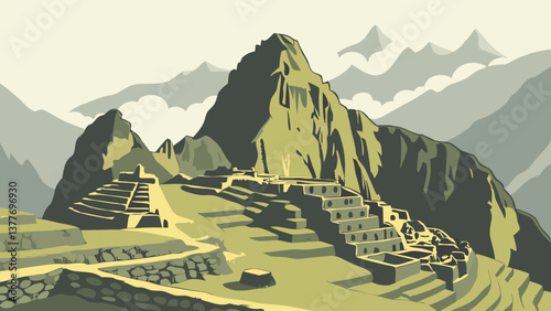 Cinematic Vector Artwork of Machu Picchu in Morning Mist. Perfect for: Inti Raymi, World Heritage Day, Peru