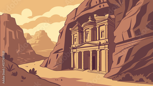 Digital Vector Painting of Petra’s Al-Khazneh in Warm Sunset Glow. Perfect for: Jordan Independence Day, Petra