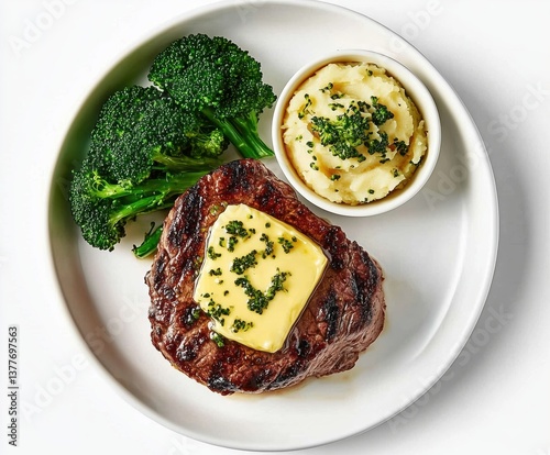Juicy Grilled Steak Topped with Creamy Butter and Served with Broccoli and Mashed Potatoes