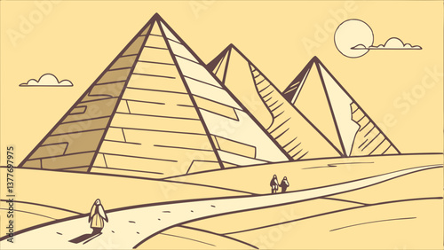 Flat Design Vector of the Pyramids of Giza Under a Golden Sky. Perfect for: World Heritage Day, Egypt
