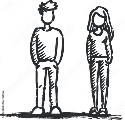 Simple black and white sketch of a man and woman standing casually.