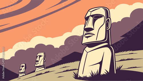 Geometric Vector Representation of Easter Island’s Moai Statues at Sunset. Perfect for: Easter, Chile