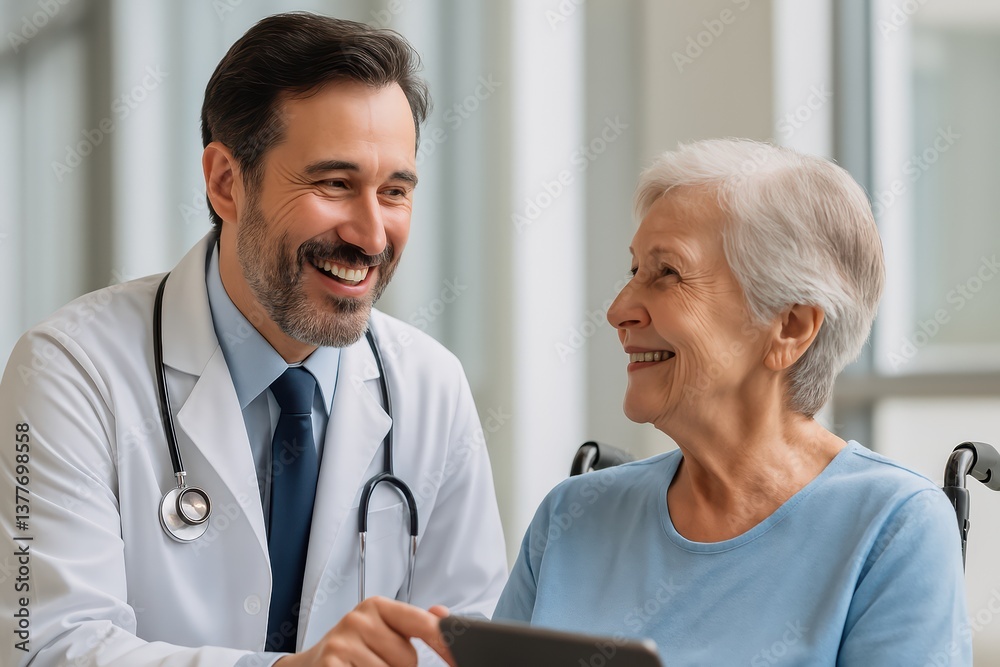 Empathetic Healthcare Consultation: A caring doctor engages in a friendly discussion with an elderly patient in a hospital or clinic setting, building trust and rapport. Empathetic Healthcare Consultation: A caring doctor engages in a friendly discussion with an elderly patient in a hospital or clinic setting, building trust and rapport.