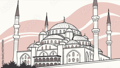 Minimalist Vector of the Blue Mosque in Istanbul with Pastel Sky. Perfect for: Ramadan, Eid al-Fitr, Turkey