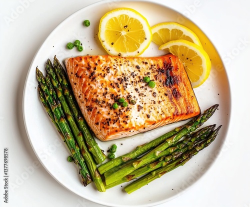 Succulent Grilled Salmon Fillet Served with Fresh Asparagus and Lemon Slices on a White Plate