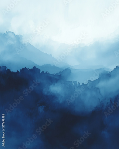 Soft blue hues blend in misty mountain landscape capturing the serenity of early morning light in a quiet natural setting Generative AI