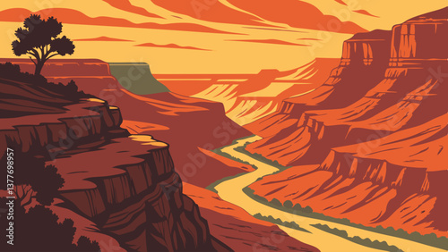 Scenic Vector of the Grand Canyon with Fiery Sunset. Perfect for: National Park Week, USA