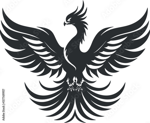Black silhouette of a mythical phoenix bird with spread wings symbolizing rebirth and power.