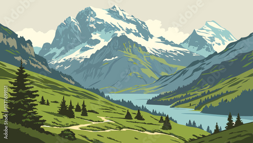 Scenic Vector of the Swiss Alps with Snow-Capped Peaks and Alpine Lakes. Perfect for: Christmas, Switzerland National Day, Switzerland