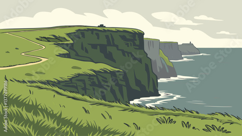Soft Pastel Vector of the Cliffs of Moher Overlooking the Atlantic. Perfect for: St. Patrick’s Day, Ireland