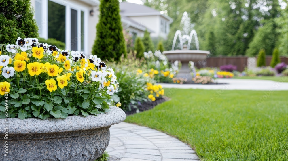Obraz premium A peaceful garden with a stone fountain and blooming pansies,
