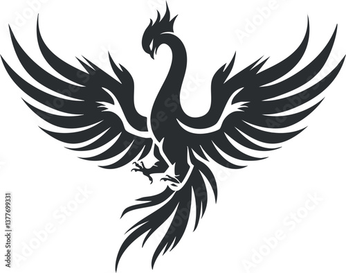 Black silhouette of a phoenix with outstretched wings, symbolizing rebirth and transformation.
