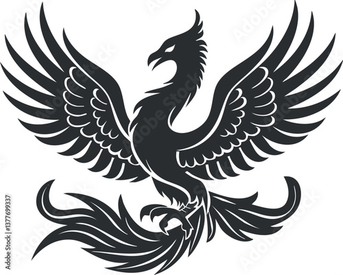 Stylized black phoenix with outstretched wings symbolizing rebirth and transformation in mythical art.