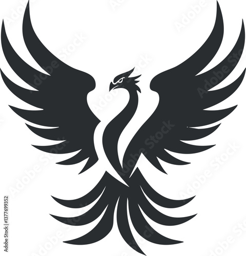 Black silhouette of a mythical phoenix with outstretched wings, symbolizing rebirth and strength.