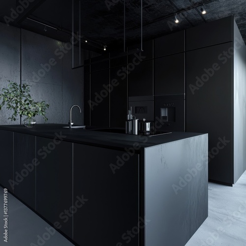 A sleek modern monochrome kitchen design showcases minimalist black cabinetry, a dark countertop island, and industrial-style lighting creating a sophisticated and stylish Jida89 photo