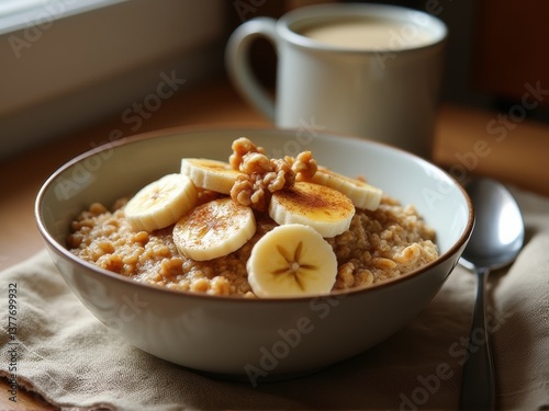 Warm oatmeal with bananas, nuts, and honey