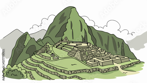 Vector of Machu Picchu with Ancient Incan Ruins and Morning Mist. Perfect for: Peru Independence Day, Earth Day, Peru