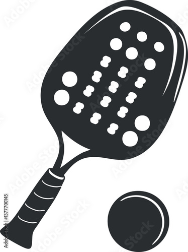 Black and white silhouette of a padel racket and ball for sports and recreation.