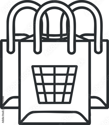Outline illustration of three shopping bags with a basket symbol, representing retail and commerce.