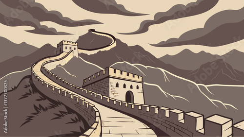 Vector of the Great Wall of China Winding Through Rugged Mountains. Perfect for: Chinese New Year, China National Day, China