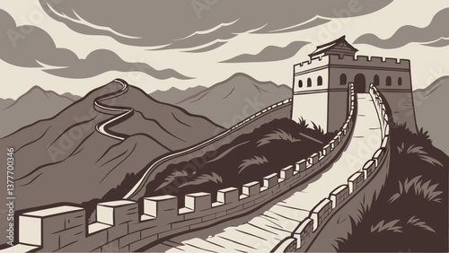 Vector of the Great Wall of China Winding Through Rugged Mountains. Perfect for: Chinese New Year, China National Day, China