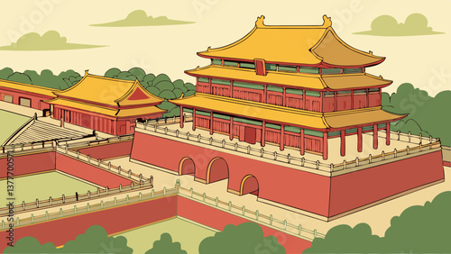 Vibrant Vector of the Forbidden City with Traditional Chinese Architecture. Perfect for: Chinese New Year, China National Day, China