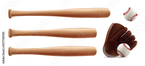 Baseball ball, bat, glove. 3d white softball, vintage player mitt, wood line stick. Logo base equipment illustration. Catch flyer american field sport. Red texture sweepstakes. Vector isolated clipart