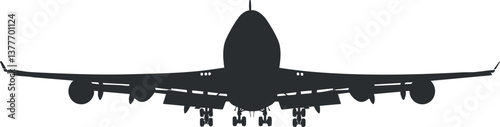 Silhouette of a commercial airplane from a front view, showcasing its landing gear and wings.