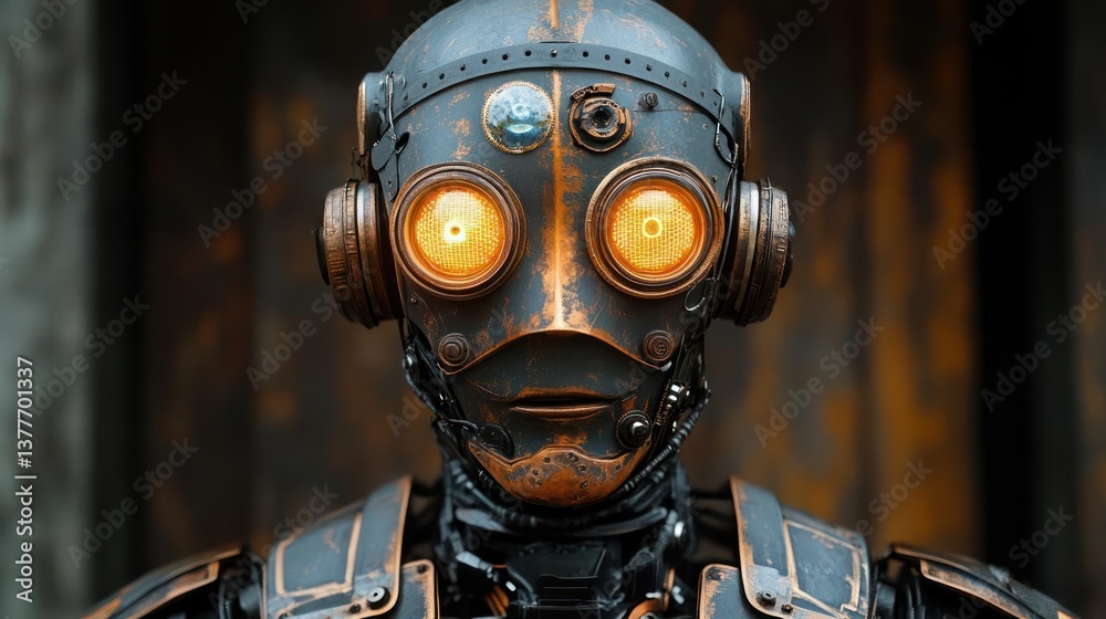 Steampunk robot head, intricate design, glowing eyes Steampunk robot head, intricate design, glowing eyes