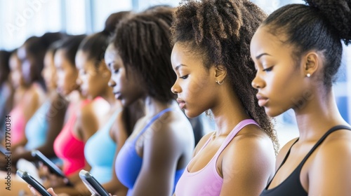 Row of Young Black Women Using Smartphones in a Fitness Studio