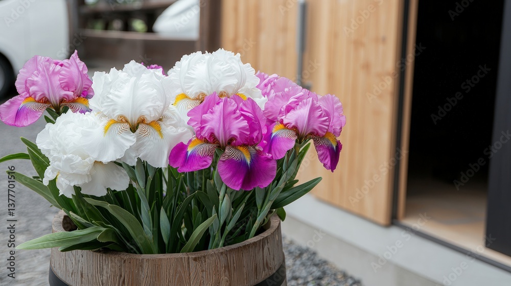 A vibrant spring garden with blooming irises and peonies, A vibrant spring garden with blooming irises and peonies,