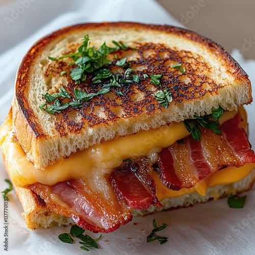 Delicious Grilled Cheese Sandwich with Crispy Bacon and Fresh Herbs on Rustic Background