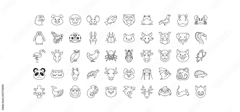 Naklejka premium Set of animal icons. The simple outline animal icons pack contains icons such as a platypus, whale, cat, horse, gorilla, cow, mammals, reptiles, pets, wildlife, etc. editable stroke 
