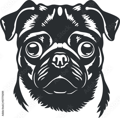 Monochrome illustration of a pug dog's face with expressive eyes and detailed features.