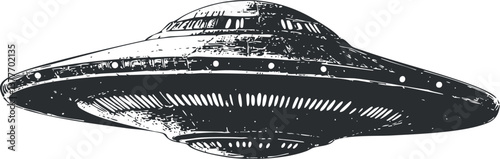 Black and white illustration of a UFO spaceship, representing extraterrestrial and sci-fi themes.