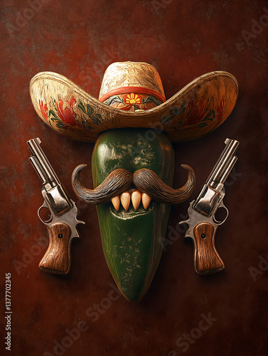 A whimsical jalapeño with a moustache grins while holding guns