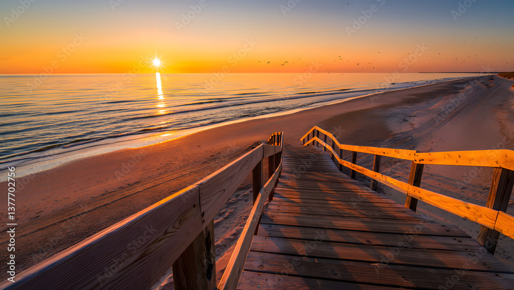 Fototapeta premium Scenic beachfront boardwalk leading to the ocean at sunrise, tranquil morning, peaceful landscape