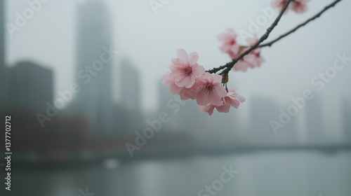 Cherry blossoms bloom beside a foggy city skyline, capturing the tranquility of spring's arrival along the riverbank Generative AI