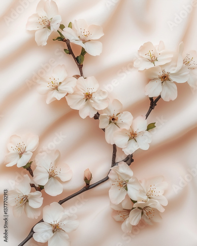 Cherry blossom branch arranged elegantly on a soft fabric background showcasing delicate pink flowers in springtime Generative AI
