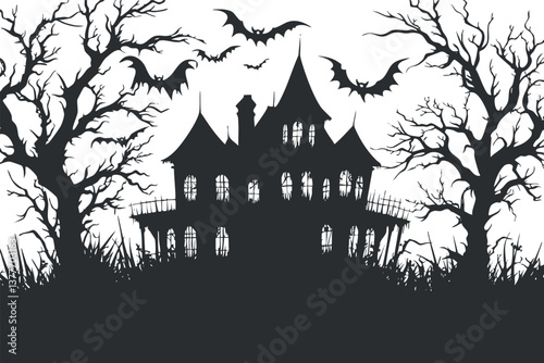 Silhouette of a haunted house with bats and trees, perfect for Halloween themes and designs.