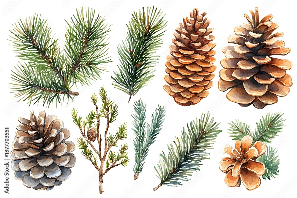 Fototapeta premium Watercolor Illustration Of Pine Cones And Branches For Christmas And Winter Designs