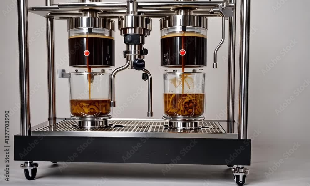 Dual coffee maker drips brew into glasses. Minimalist design against a neutral backdrop