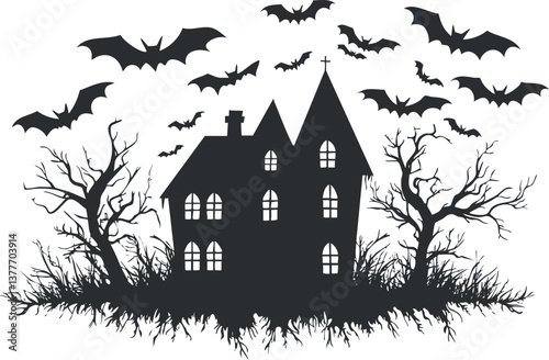 Silhouette of a haunted house with bats and bare trees, ideal for Halloween themes.