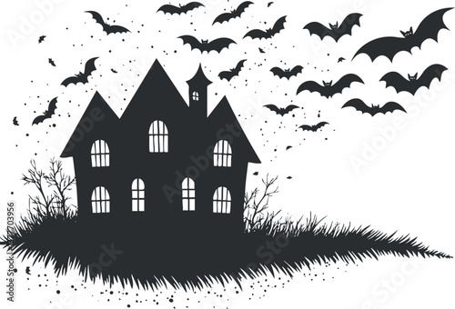 Silhouette of a haunted house with bats flying in a spooky Halloween night scene.