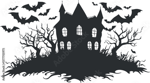 Silhouette of a haunted house with bats and eerie trees, perfect for Halloween themes.