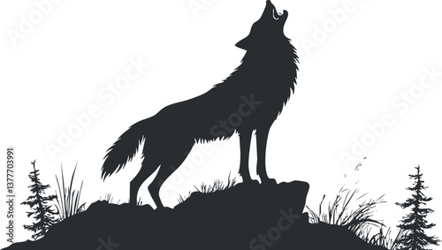 Silhouette of a howling wolf standing on a rock surrounded by trees and grass.