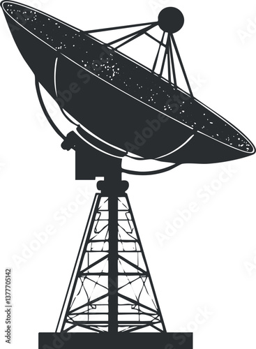 Silhouette of a large satellite dish antenna used for communication and broadcasting signals.