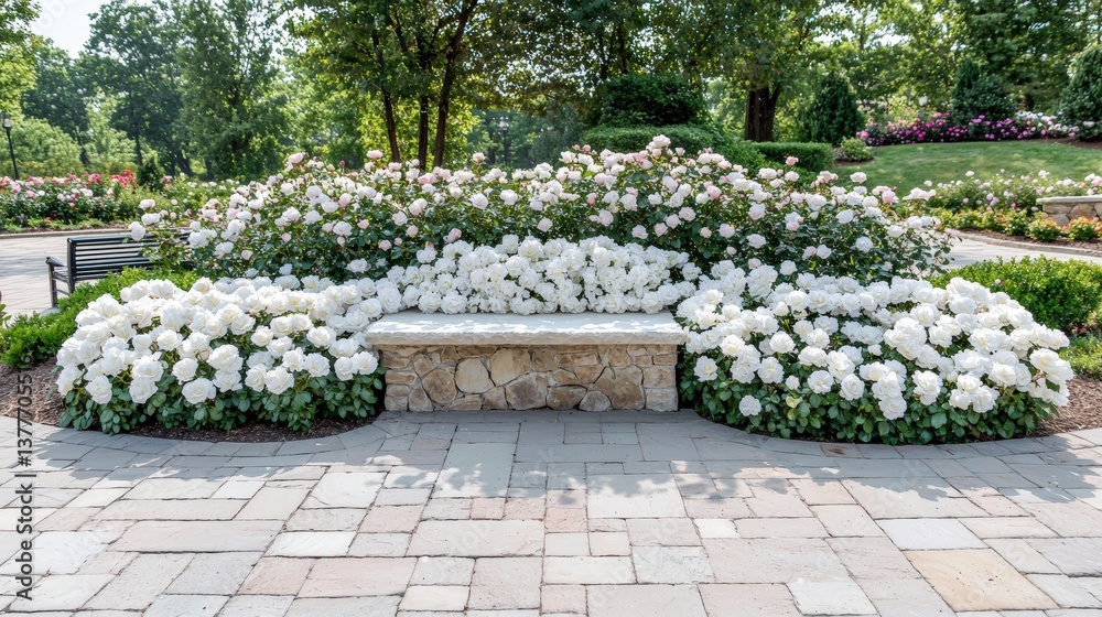Fototapeta premium A peaceful garden with a stone bench and blooming roses,