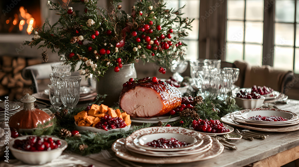 Naklejka premium A festive holiday table featuring a roasted ham centerpiece, cranberry sauce, and sweet potato casserole, styled with seasonal decor